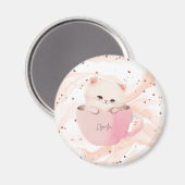 Schattigee wit-roze kat in een theekopje magneet (Voorkant / Achterkant)
