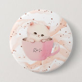 Schattigee wit-roze kat in een theekopje ronde button 7,6 cm (Voorkant)