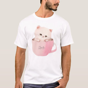 Schattigee wit-roze kat in een theekopje t-shirt
