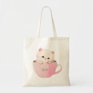 Schattigee wit-roze kat in een theekopje tote bag