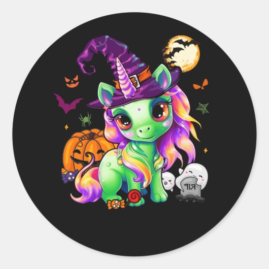 Schattigee Witchy Eenhoorn Halloween Heks Zombie P Ronde Sticker (Voorkant)