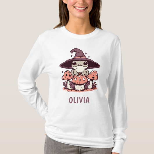 Schattigee Witchy Frog op Paddenstoelen T-shirt (Voorkant)