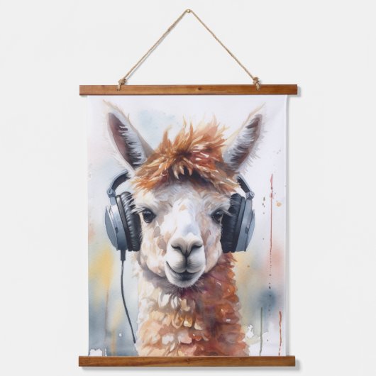 Schattigee witte alpaca met hoofdtelefoon hangend wandkleed (Voorkant)
