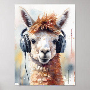 Schattigee witte alpaca met hoofdtelefoon poster