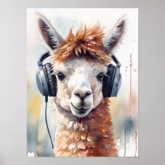 Schattigee witte alpaca met hoofdtelefoon poster (Voorkant)
