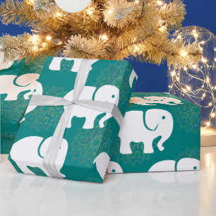 Schattigee Witte Baby olifant Mandala Patroon Blau Cadeaupapier