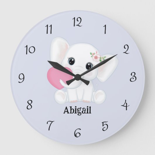 Schattigee Witte Baby Olifant roze hart aangepaste Grote Klok (Voorkant)