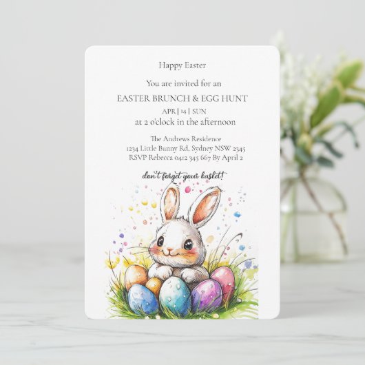 Schattigee witte banny met eieren en eieren Hunt Kaart (Staand voorkant)