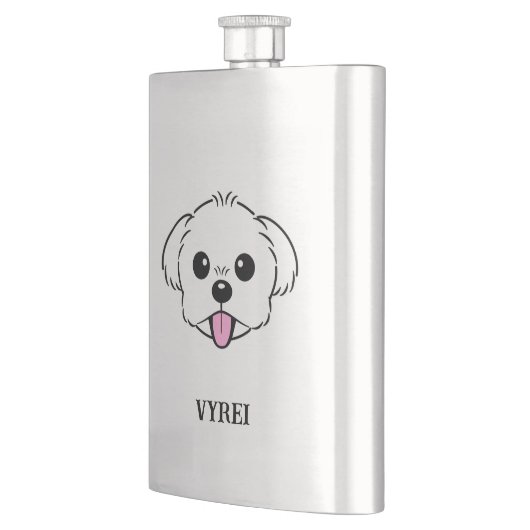 Schattigee witte bichon frise hond stekende tong u flacon (Links)