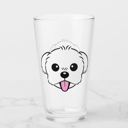 Schattigee witte bichon frise hond stekende tong u glas (Achterkant)