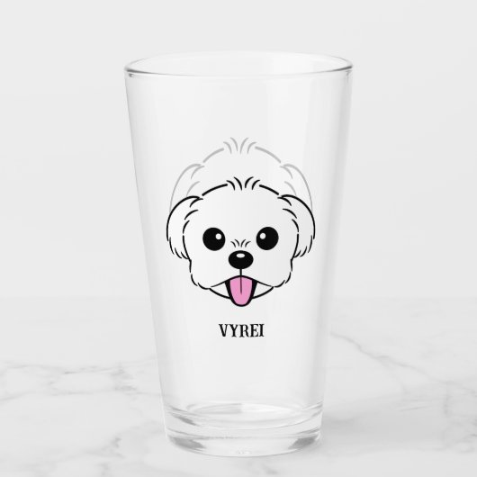 Schattigee witte bichon frise hond stekende tong u glas (Voorkant)