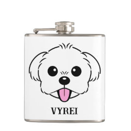 Schattigee witte bichon frise hond stekende tong u heupfles