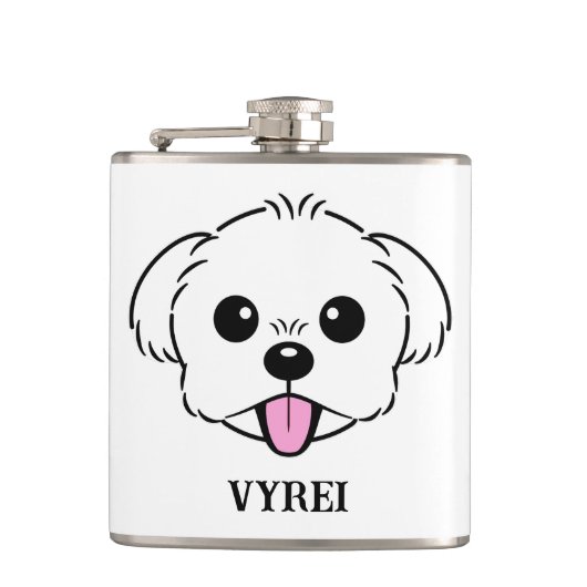 Schattigee witte bichon frise hond stekende tong u heupfles (Voorkant)