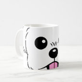 Schattigee witte bichon frise hond stekende tong u koffiemok (Voorkant links)