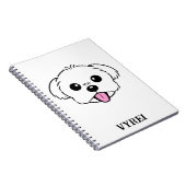 Schattigee witte bichon frise hond stekende tong u notitieboek (Rechterzijde)