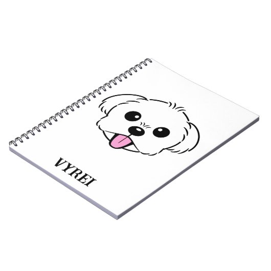 Schattigee witte bichon frise hond stekende tong u notitieboek (Linkerzijde)