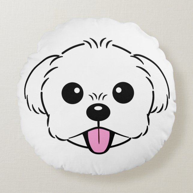 Schattigee witte bichon frise hond stekende tong u rond kussen (Voorkant)