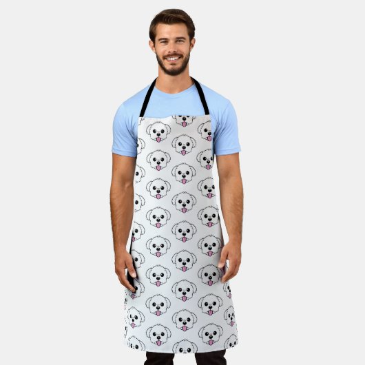 Schattigee witte bichon frise hond stekende tong u schort (Gedragen)