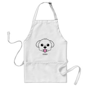 Schattigee witte bichon frise hond stekende tong u standaard schort