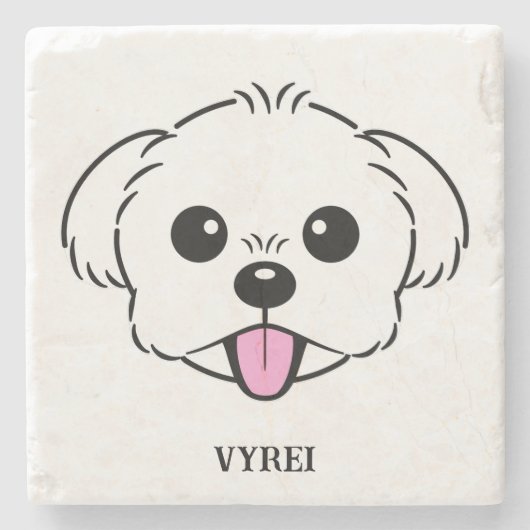 Schattigee witte bichon frise hond stekende tong u stenen onderzetter (Voorkant)