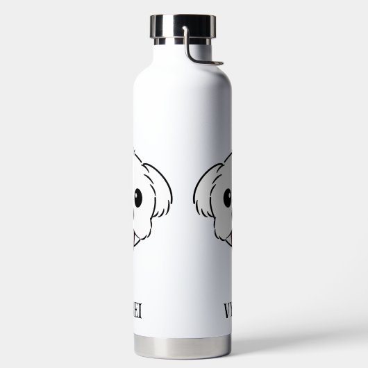 Schattigee witte bichon frise hond stekende tong u waterfles (Links)