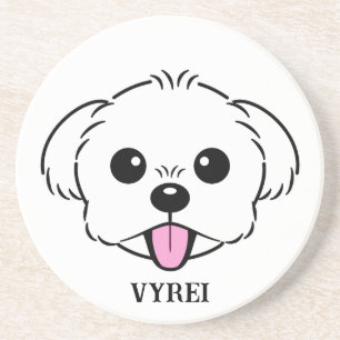 Schattigee witte bichon frise hond stekende tong u zandsteen onderzetter