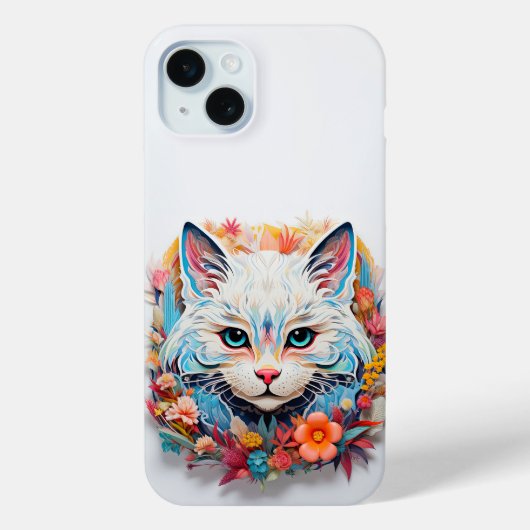 Schattigee Witte Blauwe Kat met bloemenknipsel Case-Mate iPhone Case (Achterkant)