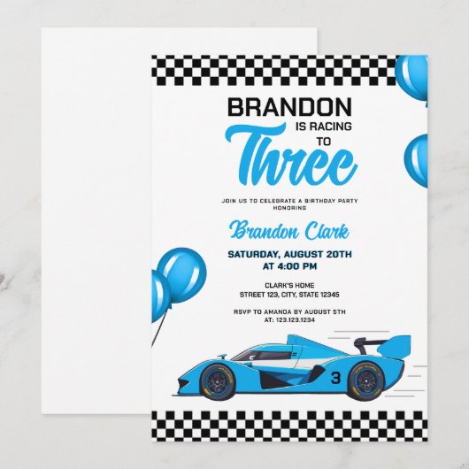 Schattigee Witte & Blauwe Racecar Kids Verjaardag Kaart (Voorkant / Achterkant)