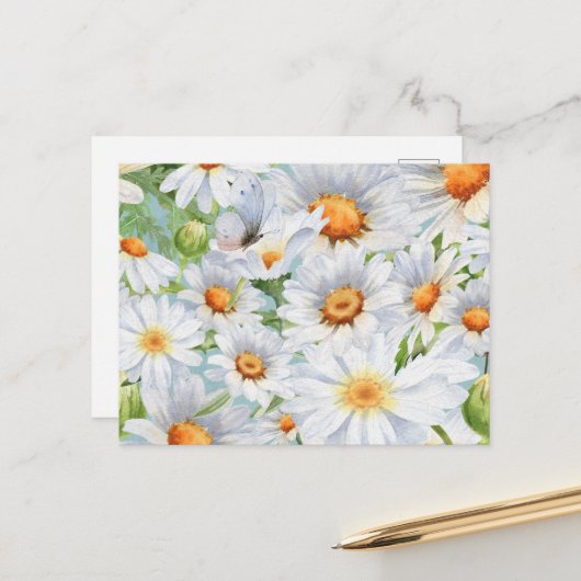 Schattigee Witte Bloemen  Waterverf Daisies Briefkaart (Voorkant / Achterkant in situ)