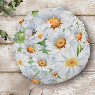 Schattigee Witte Bloemen Waterverf Daisies Rond Kussen