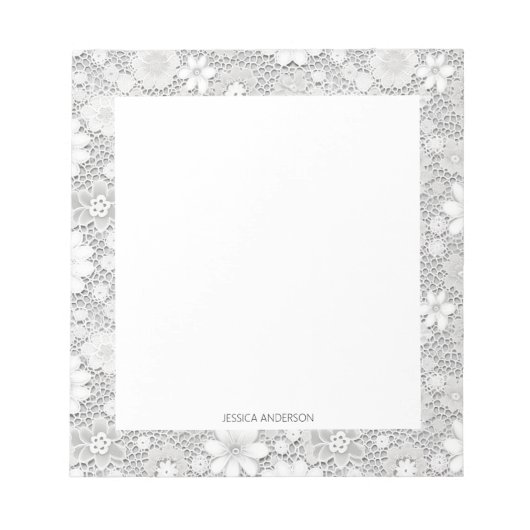 Schattigee witte bloemenkant naam papier pad notitieblok (Voorkant)