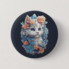 Schattigee witte bloemenkat ronde button 5,7 cm