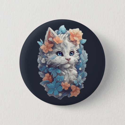 Schattigee witte bloemenkat ronde button 5,7 cm (Voorkant)