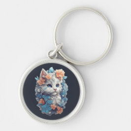 Schattigee witte bloemenkat sleutelhanger