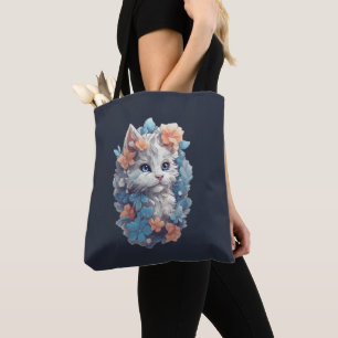 Schattigee witte bloemenkat tote bag
