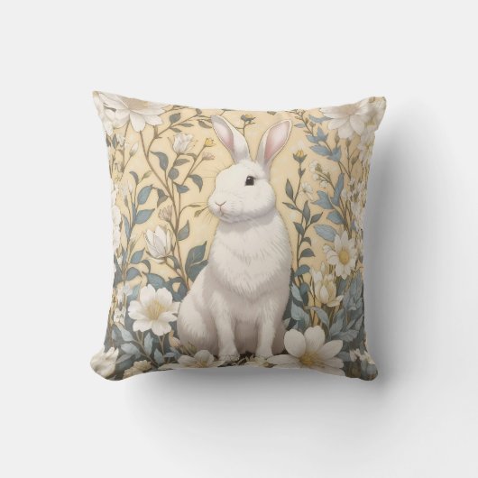 Schattigee Witte Bunny Pastel Gele Bloemen Kussen (Voorkant)