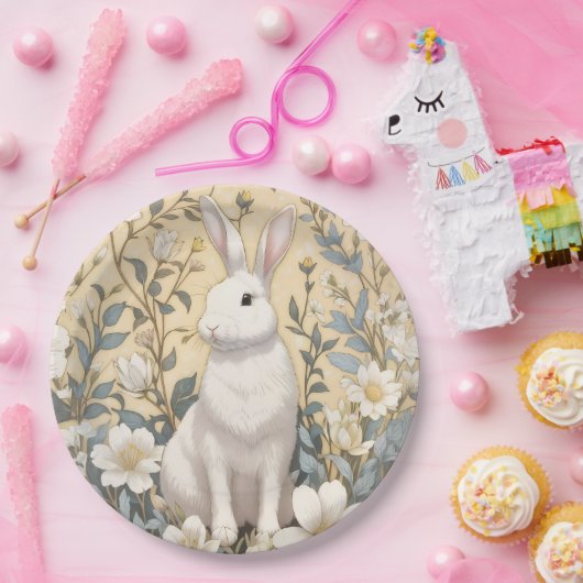 Schattigee Witte Bunny Pastel Gele Bloemen Papieren Bordje (Feest)