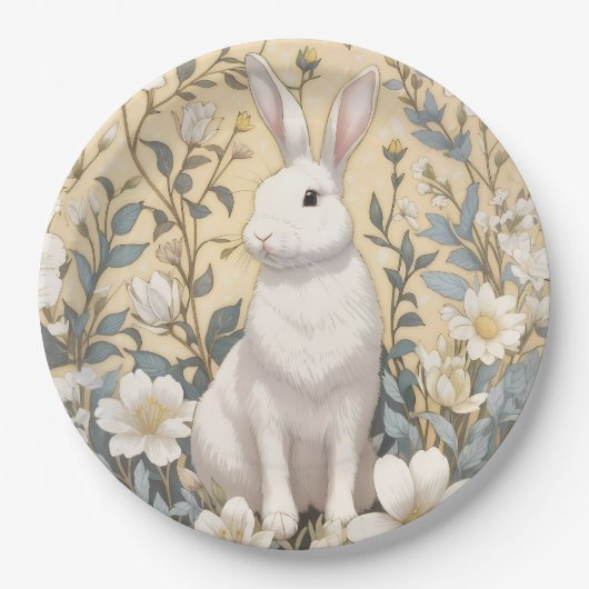 Schattigee Witte Bunny Pastel Gele Bloemen Papieren Bordje (Voorkant)
