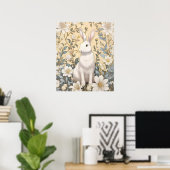 Schattigee Witte Bunny Pastel Gele Bloemen Poster (Thuiskantoor)