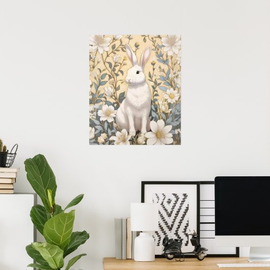 Schattigee Witte Bunny Pastel Gele Bloemen Poster (Thuiskantoor)