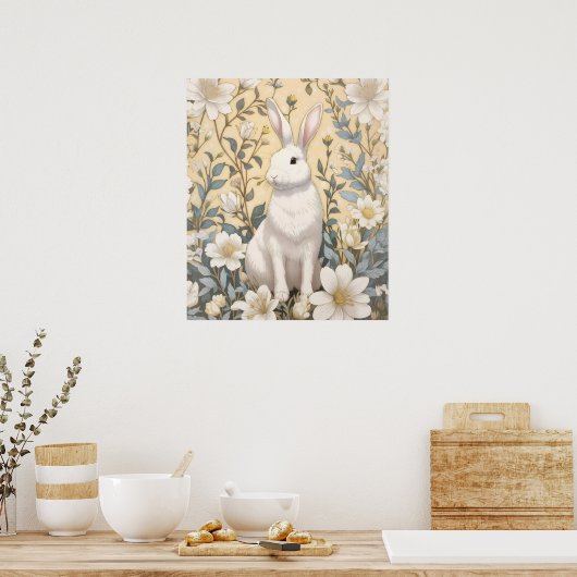 Schattigee Witte Bunny Pastel Gele Bloemen Poster (Keuken)