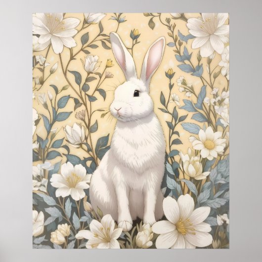 Schattigee Witte Bunny Pastel Gele Bloemen Poster (Voorkant)