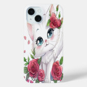 Schattigee Witte Cartoon Kat met Rozen iPhone Case (Achterkant)