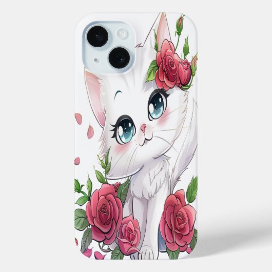 Schattigee Witte Cartoon Kat met Rozen iPhone Case (Achterkant)