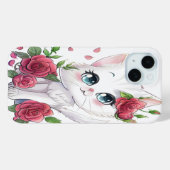 Schattigee Witte Cartoon Kat met Rozen iPhone Case (Achterkant (horizontaal))