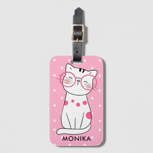 Schattigee witte Cat Pink Polka Dot Pattern Monogr Bagagelabel (Voorkant (verticaal))