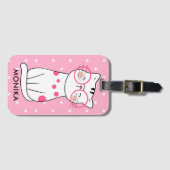 Schattigee witte Cat Pink Polka Dot Pattern Monogr Bagagelabel (Voorkant (horizontaal))