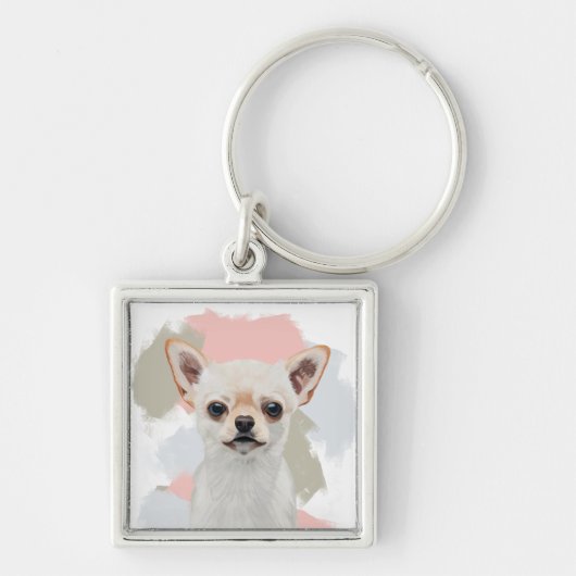 Schattigee witte chihuahua hond sleutelhanger (Voorkant)