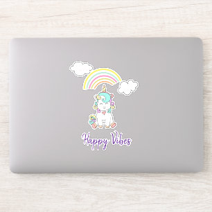 Schattigee Witte Eenhoorn Illustratie Happy Vibes Sticker
