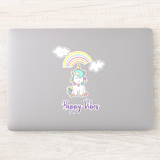 Schattigee Witte Eenhoorn Illustratie Happy Vibes Sticker (Computer)
